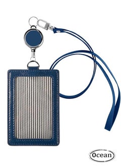 Buy PU Leather ID Card Holder with 3 Cards Slot, Neck Lanyard and Retractable Badge Reel, Blue in Saudi Arabia