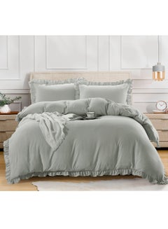 Buy Duvet Set 4-Pcs Double Size Ruffled Super Soft Solid Comforter Cover Without Filler With Hidden Zipper Closure and Corner Ties Grey in Saudi Arabia