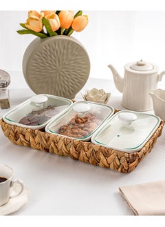 Buy Porcelain 3Pcs Rectangular Casseroles With Lid And Rattan Basket in Saudi Arabia