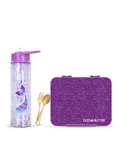 Buy 6 And 4 Convertible Bento Lunch Box With 550Ml Double Wall Water Bottle And Spoon Fork Set - Glitter Purple in Saudi Arabia