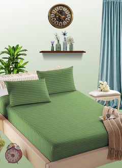 Buy Faded Green Cotton King Striped Fitted Elastic Bedsheet Sets 200x200+35cm in UAE