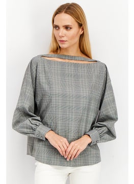 اشتري Women Boat Neckline Long Sleeve Plaid Blouse, Black/Grey في الامارات