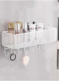 Buy 1-Piece Bathroom Rack Shower Shampoo Organizer Wall Mounted Storage Rack And Hooks White 40x14x13 Centimeter in UAE