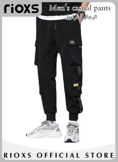 Buy Men's Loose Casual Long Pants Fashionable Trendy Cargo Pants Solid Color Elastic Waist Downstring Jogger Pants in UAE