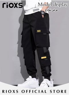 Buy Men's Loose Casual Long Pants Fashionable Trendy Cargo Pants Solid Color Elastic Waist Downstring Jogger Pants in UAE