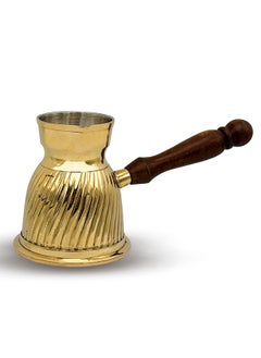 Buy Majestic Brass Turkish Coffee Pot – Capacity: 280 ml (Medium Size), Spiral Design, Golden Color – Handcrafted with Wooden Handle, Perfect for Turkish Coffee, Arabic Coffee, Tea, Milk, and Hot Beverages in UAE