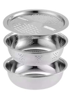 Buy Multifunctional Thicken Stainless Steel Basin 3 In 1 Stainless Steel Grater Solid Basin Drain Basket Washing Bowl Set in UAE