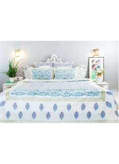 Buy King Size Blue and Green Organic Color Hand Block Printed On Premium Organic Cotton Bed Sheet (with 250 TC) in UAE