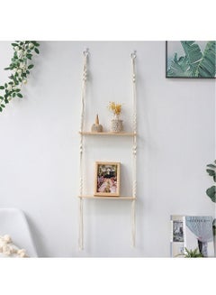 اشتري 2 Tier Boho Style Wood Wall Shelf Hanging Floating Shelves Storage Organizer with Woven Rope في السعودية