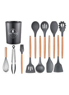 Buy 12 Pcs Silicone Cooking Utensils Kitchen Utensil Set - Turner Tongs, Spatula, Spoon, Brush, Whisk, Wooden Handle Gray Kitchen Gadgets with Holder for Nonstick Cookware Grey/Black in UAE