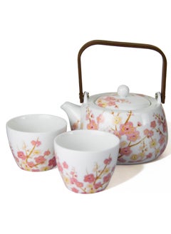 Buy Cherry Porcelain Teapot set with Wooden Handle for Gift Home Tea Lovers Men Women w/ 2 cups in UAE