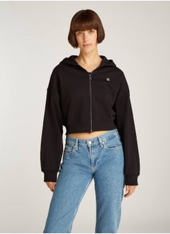 Buy Women's Cropped Zip Up Hoodie, Black - Cotton in Saudi Arabia