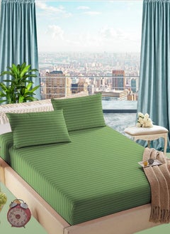 Buy Faded Green Striped Cotton 3 Piece Set Deep PocketBed Sheet Sets 200x200+20cm in UAE