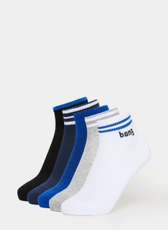 Buy Pack of 5 - Striped Cuff Embroidered Slogan Ankle Socks in Saudi Arabia