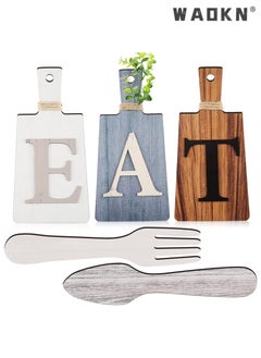 Buy 3 PCS Cutting Board Eat Sign Set Wall Decoration Hanging Wooden Letter Handicraft Signs Hanging Art Kitchen Fork and Spoon Wall Decor Rustic Primitive Country Farmhouse (Blue White Brown) in Saudi Arabia