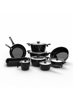 اشتري Top Chef Granite16 Pieces Set (Pot 16-18-24-28 - Milkpot 16 - Oven Tray 30 - Oblong Tray 30 - Frying Pan 26 -  28 - Cassarolla 16) Black في مصر