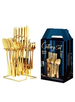 Buy 24 Piece Silverware Flatware Set With Stand,Stainless Steel Utensils Service set for 6,Mirror Polished Cutlery Set,Dishwasher Safe Knife Fork Spoon Tableware set,Golden in Saudi Arabia