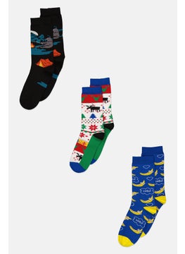 Buy Men 3 Pairs Printed Formal Non Terry Socks, Blue/Black Combo in Saudi Arabia