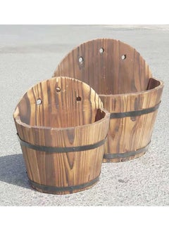 Buy Wall Planter Hanging Wooden Basket Decorative Artificial Plants Flower Pots Vase Bamboo Bucket Boxes Container with Drainage Holes For Indoor Home Decor(2pcs set) in UAE