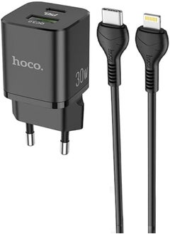 اشتري Hoco N13 - Bright Dual Ports Fast Charger, Set With Type-C To Lightning Cable (3A - 30W - 1M), Support PD30W, QC3.0/2.0, FCP,SCP, AFC, Compatible with iPhone Samsung Xiaomi Oppo Huawei - Black, USB في مصر