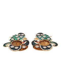 Buy 2-Piece Peacock Decorative Metal Diya Set with Gold Tealight Candles, Multicolour in UAE