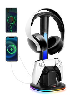 Buy XICEN for PS5 Controller Charging Station with RGB Headphone Stand, for PS5 Controller Charger Holder with 2 USB Charging Ports, Headset Stand for Playstation 5 Controller Charging Dock, Black in UAE