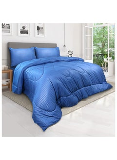 اشتري Down Alternative Comforter  Set -Ultra Soft Brushed Stripe Microfiber Fabric, 200GSM Soft Fibersheet Filling, Size :Single 160 x 200cm , Color: Royal Blue في الامارات