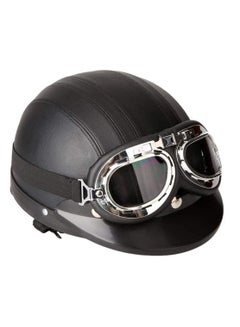 Buy Motorcycle Scooter Open Face Half Leather Helmet with Visor UV Goggles Retro Vintage Style in UAE