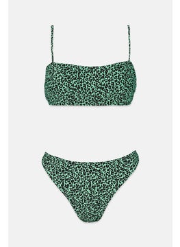 Buy Women 2 Pieces Leopard Bikini Set, Neon Green and Black in Saudi Arabia