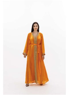 Buy LONG CLASSY SIMPLE LIGHT ORANGE COLOUR FRONT LACE BUTTON LINING ARABIC KAFTAN JALABIYA DRESS in Saudi Arabia