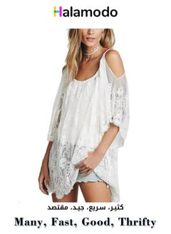 Buy White Hollow Lace Off-Shoulder Strappy Beach Sunscreen Cover-Up in UAE