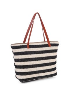 اشتري Large Stripe Straw Bag, Stylish Summer Tote Bag Beach Bag for Women with Zipped Inner Pocket, Bohemian Woven Shoulder Bag for Travel Shopping Picnic School Gym في الامارات