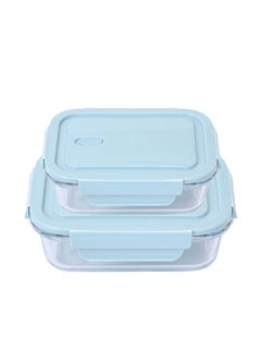 Buy 2-Piece Borosilicate Glass Food Container Lunch box Set 410ml and 640ml Blue/Clear in UAE