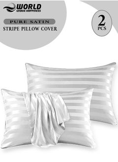 Buy Set of 2 White Satin Stripe Pillow Covers Featuring 300 Thread Count, 1cm Satin Stripe, Envelope Closure, Cool, Breathable & Premium Quality in UAE