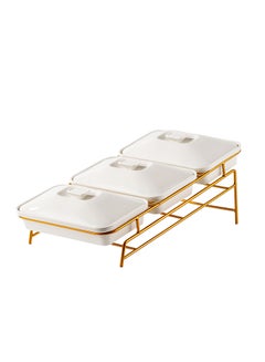 Buy Shallow Porcelain 3-Tier Casserole Set with Gold Stand Rack - 30cm x 3 in UAE