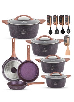 Buy 16Pcs Cookware Set Pot and Pans set Induction Bottom, Granite Non Stick Coating 100% PFOA FREE, Die Cast aluminum Cooking Set include Casseroles & Fry Pans & Silicone Utensils (Purple) in UAE