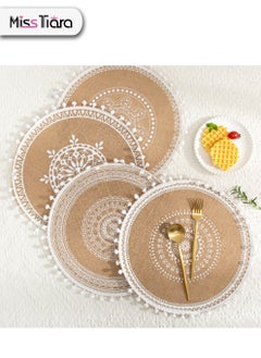 Buy Set of 4 Round Placemats Modern Style Dinner Braided Beige Boho Round Table Placemats Handwoven Jute Placemats Dining Room Decor White Assorted in UAE