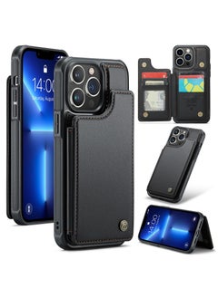 Buy Wallet Case for iPhone 14 Pro Premium Handmade Durable PU Leather Slim Shockproof Case with [Double Magnetic Clasp] [Card Holder] [Kickstand] [RFID Blocking] (Black) in Egypt