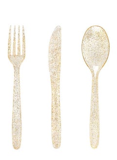 Buy 30 Pieces PVC Plastic Knife and Fork Cutlery Set,Disposable Gold Glitter Tableware Set - Includes: 10 Forks, Spoons, Knives Fancy Partyware in Saudi Arabia