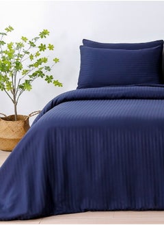 Buy Premium Single size 4-piece bed linen, Satin striped, Dark blue color. in UAE