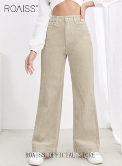 Buy High Waist Wide Leg Pants for Women Pure Cotton Corduroy Soft Elastic Trousers Ladies Mom's Slant Pocket Long Pants Casual Plain New Arrival Trendy Straight Baggy in UAE