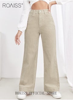 Buy High Waist Wide Leg Pants for Women Pure Cotton Corduroy Soft Elastic Trousers Ladies Mom's Slant Pocket Long Pants Casual Plain New Arrival Trendy Straight Baggy in UAE