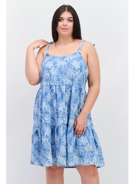 Buy Women Plus Size Printed Mini Dress, Blue in UAE