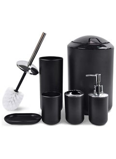 اشتري Bathroom Accessories Set, Plastic Gift Bath Set of 6 with Trash Can, Toilet Brush, Toothbrush Holder, Soap Dispenser, Soap Dish, Soap and Lotion Set (Black) في الامارات