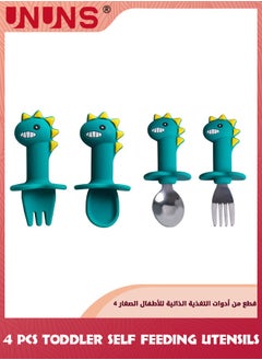 اشتري Baby Flatware Sets,2 Set Toddler Utensils Feeding Tableware,Soft Silicone Forks and Spoons Cutlery Set,Cartoon Dino Handle And Anti Choke Design For Infant Babies 6-24 Months Trainer,Green Dino في السعودية