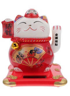 Buy Fortune Cat, Solar Powered Miniature Waving Arm Cat Statue Figure Japanese Maneki Neko Lucky Cat Figurines Cute Waving Upright Lucky Fortune Cat Red Chinese Decor in UAE