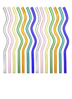 اشتري 14 PCS Colored Wavy Glass Straw, 8 x 200 mm High Borosilicate Reusable Glass Straws Shatter, Perfect for Beverages, Coffee, Milk, and Tea في الامارات