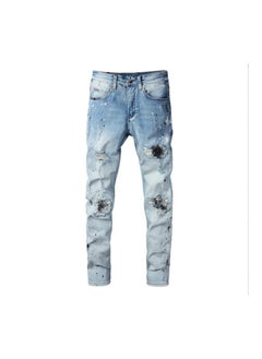 اشتري High Street Fashion Brand Jeans with Broken Hole Patches and Fashionable Slim Fit في الامارات