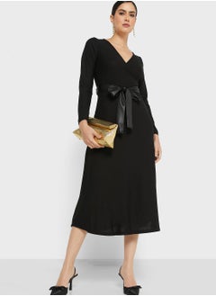 Buy Wrap Front Belted Midi Dress in UAE