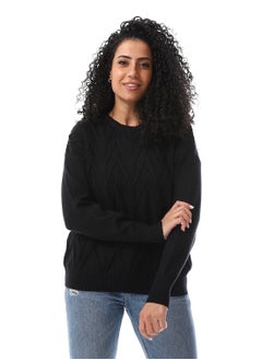 اشتري Cable Knitted Pattern Round Collar Pullover_Black في مصر